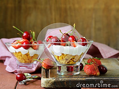 Dairy dessert with cherries and strawberries