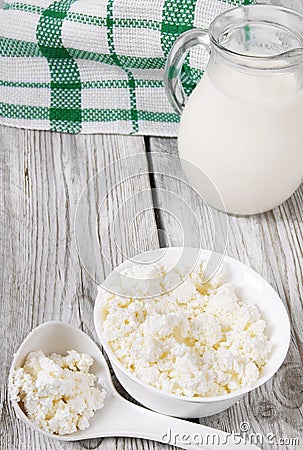 Dairy products on wooden background.