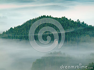 Dark blue fog in deep valley after rainy night. Rocky hill bellow view point. The fog is moving between hills and peaks of trees.