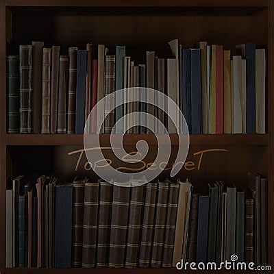 Dark library bookshelf with Top secret shaped beam of light on it.