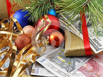 Decorated christmas tree with money, traditional new year holiday card