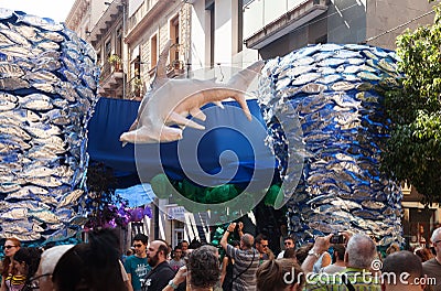 Decorated streets of Gracia district. Underwater theme