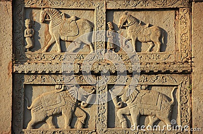 Decorative carving on the wall of 84-Pillared Cenotaph, Bundi, R