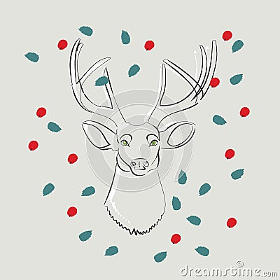 Deer with green eyes with leaves and berries