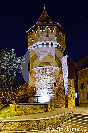 Defense tower in sibiu at night