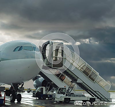 Delayed flight. Plane on stormy airport .