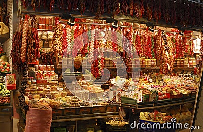 Delicatessen shop in market. Barcelona. Spain