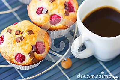 Delicious breakfast with muffins and hot coffee