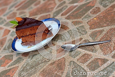 A delicious chocolate sponge cake on the dish delicious.