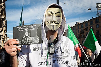 Demonstrator with Anonymous mask protesting against the government in Milan, Italy