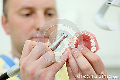 Dentist polishes artificial jaw in dental clinic