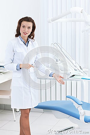 Dentist s assistant shows the dentist s chair