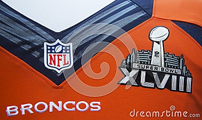 Denver Broncos team uniform with Super Bowl XLVIII logo presented during Super Bowl XLVIII week in Manhattan