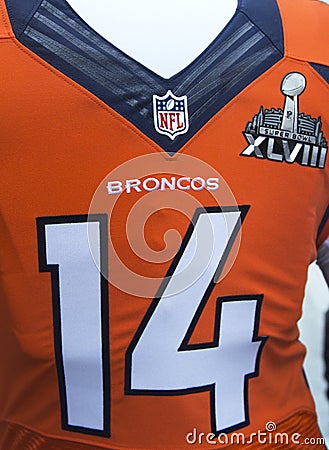 Denver Broncos team uniform with Super Bowl XLVIII logo presented during Super Bowl XLVIII week in Manhattan