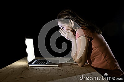 Depressed worker or student woman working with computer alone late night in stress