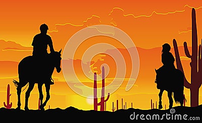 Desert horse ride, father and child at sunset