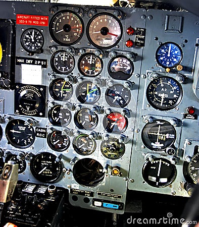 Dial gauges on aircraft control panel