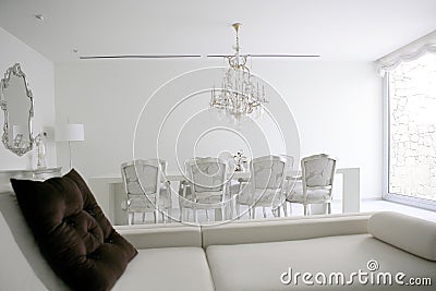 Dining room, lounge area white interior
