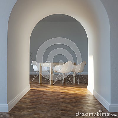 Dining Room In Minimalist Interior Design With Parquet