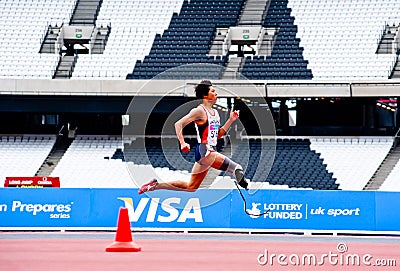 Disabled athlete running at London 2012 stadium