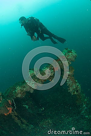 Diver, boat wreck in Ambon, Maluku, Indonesia underwater photo