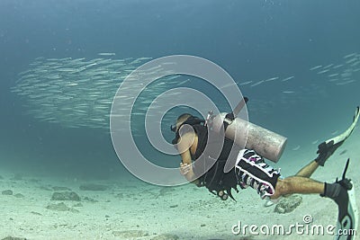 Diver entering Inside a giant barracuda bait ball underwater