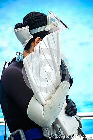 Diver hugging the fin, Banda, Indonesia underwater photo