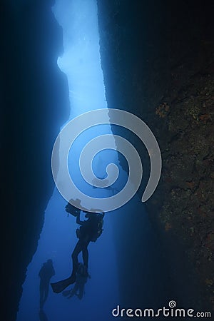 Diver in underwater canyon