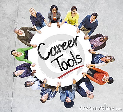 Diverse People in a Circle with Career Tools Concept