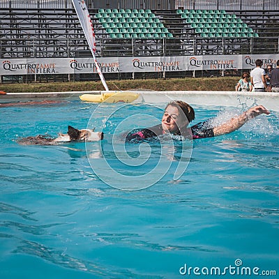 Dog amd trainer enjoy the swimming pool at Quattrozampeinfiera in Milan, Italy