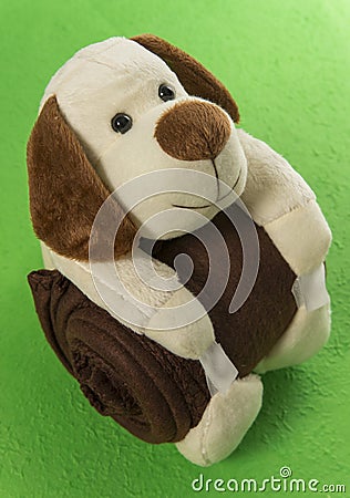 Dog doll hug brown blanket in the green background