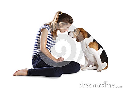 Dog and woman in studio