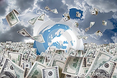 Dollar Banknotes Falling on Money Farm and around Earth