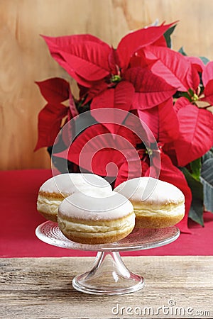 Donuts on cake stand. Christmas setting
