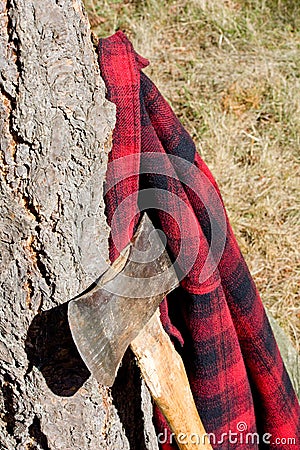 Double Bit Axe with Red Black Flannel Shirt