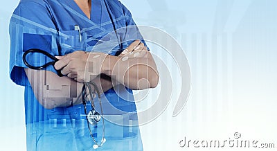 Double exposure of smart medical doctor working