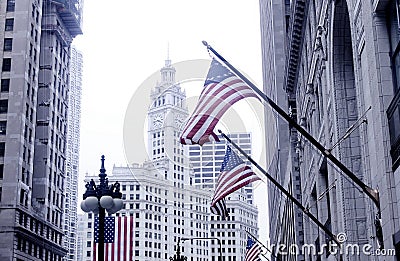 Downtown Chicago Street with American Flags