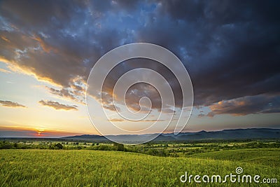 Dramatic sunset over green field