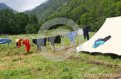 Drying laundry to dry near the camping tents