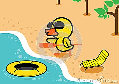 Duck walk on the beach into the sea to paddle rubber boat in summer.