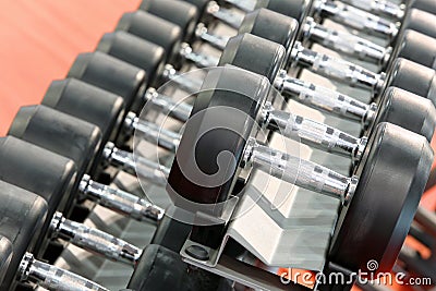Dumbbells weights lined up in a fitness studio