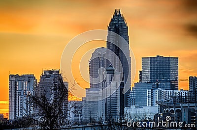 Early morning sunrise over charlotte city skyline