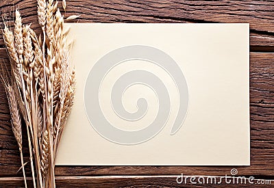 Ears of wheat and sheet of paper on old wood.