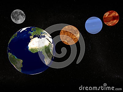 Earth, moon and planets