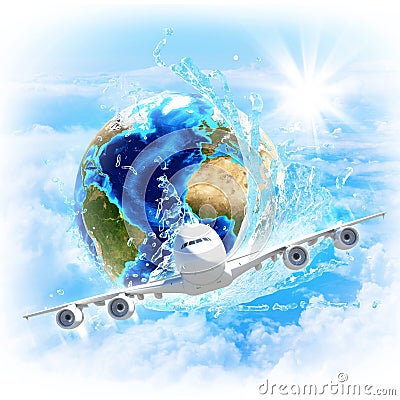 Earth with water and airplane