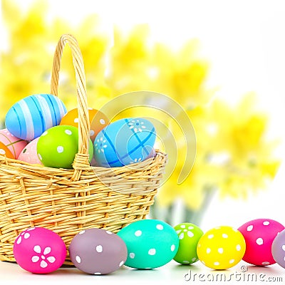 Easter basket with eggs and floral background