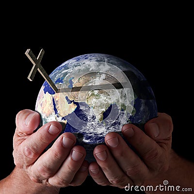 Easter gods hands holding world with cross