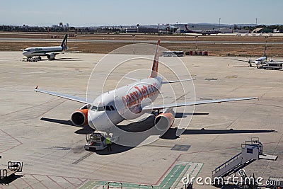 An EasyJet airliner at the airport in Valencia, Spain.