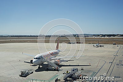 An EasyJet airliner at the airport in Valencia, Spain.