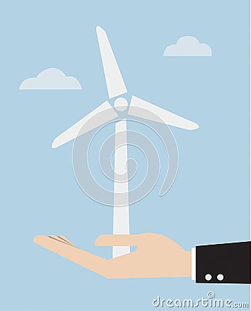 Ecology concept with hand give wind power station